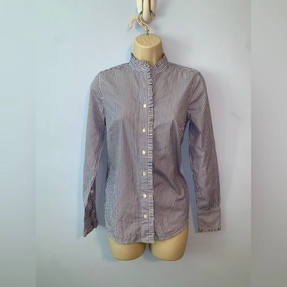 J CREW women’s Striped Navy White ruffled Mandarin-Collar button down Shirt 00